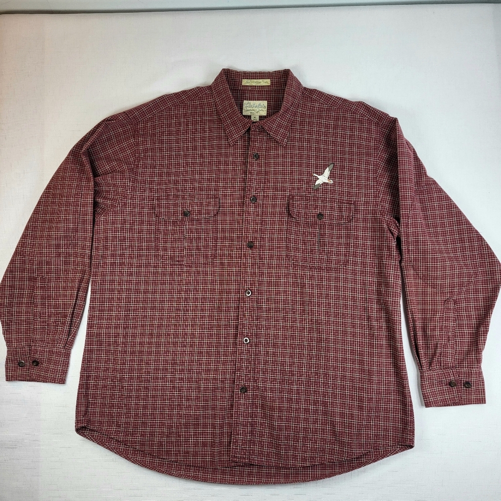 Cabelas Soft Canvas Trail SHIRT Mens Size XL Red Plaid Button Goose Long Sleeves